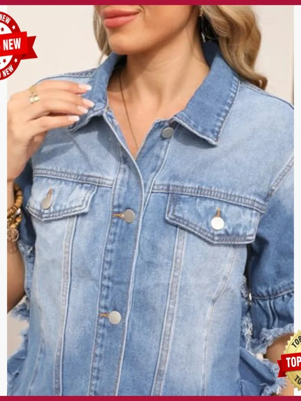 Short Sleeve Denim Jacket Regular Fit Ruffle Hem Washed Cotton Blend_5